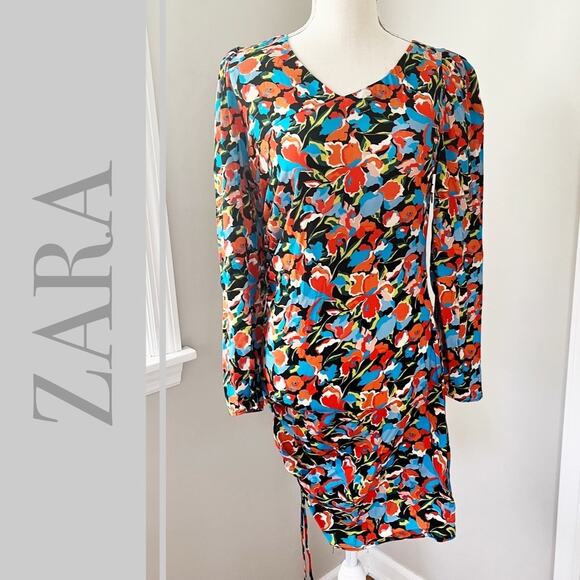 Zara Red & Blue Floral Ruched Dress NEW - Picture 1 of 5